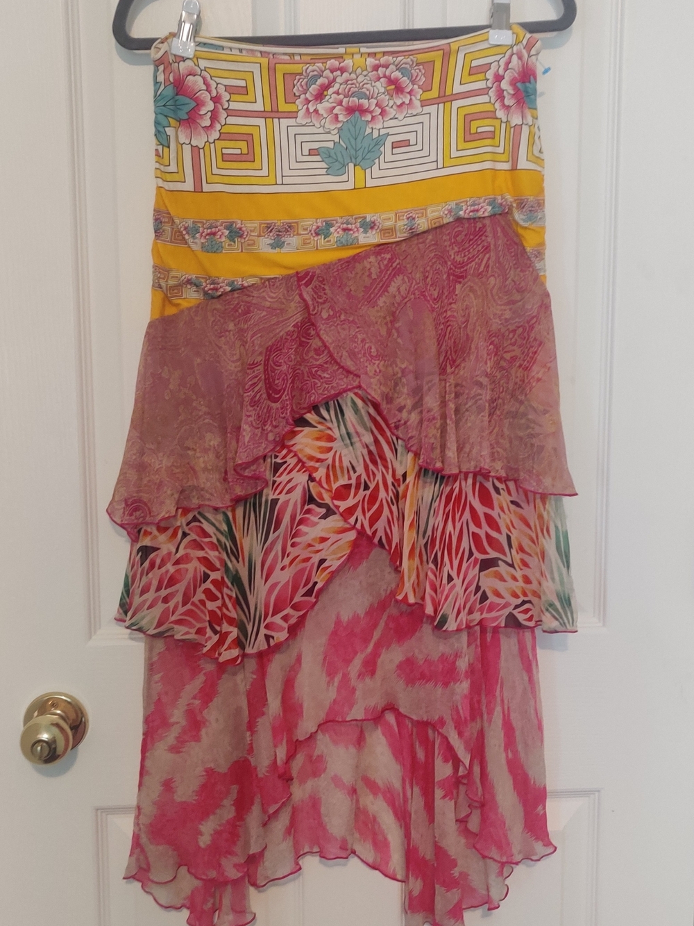 Diane Von Furstenberg Pink and Yellow Layered Asymmetrical Ruffle Skirt - Picture 2 of 5